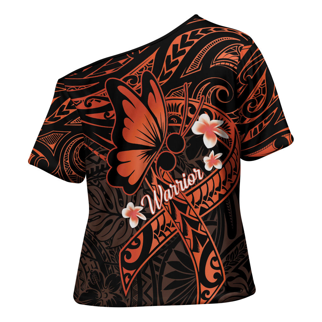 Polynesia Leukemia Awareness Month Cross Shoulder Shirt Warrior Butterfly Polynesian Orange Ribbon LT14 - Polynesian Pride