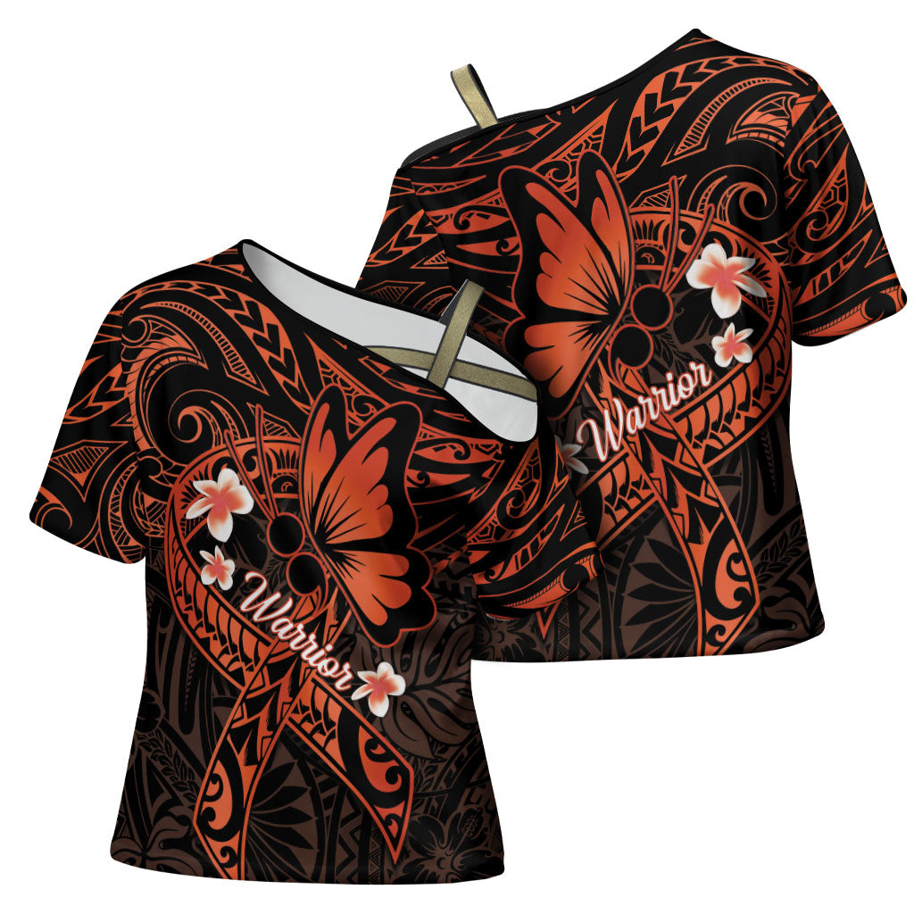 Polynesia Leukemia Awareness Month Cross Shoulder Shirt Warrior Butterfly Polynesian Orange Ribbon LT14 - Polynesian Pride