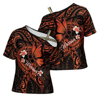 Polynesia Leukemia Awareness Month Cross Shoulder Shirt Warrior Butterfly Polynesian Orange Ribbon LT14 - Polynesian Pride