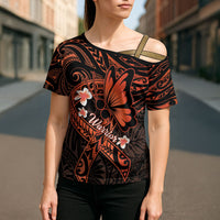 Polynesia Leukemia Awareness Month Cross Shoulder Shirt Warrior Butterfly Polynesian Orange Ribbon LT14 - Polynesian Pride
