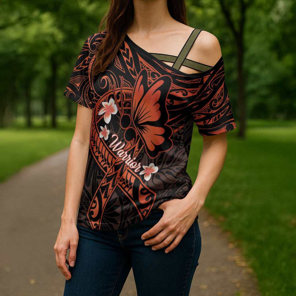 Polynesia Leukemia Awareness Month Cross Shoulder Shirt Warrior Butterfly Polynesian Orange Ribbon LT14 - Polynesian Pride