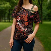 Polynesia Leukemia Awareness Month Cross Shoulder Shirt Warrior Butterfly Polynesian Orange Ribbon LT14 - Polynesian Pride