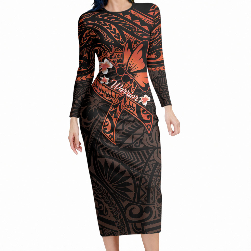 Polynesia Leukemia Awareness Month Long Sleeve Bodycon Dress Warrior Butterfly Polynesian Orange Ribbon LT14 Long Dress Orange - Polynesian Pride