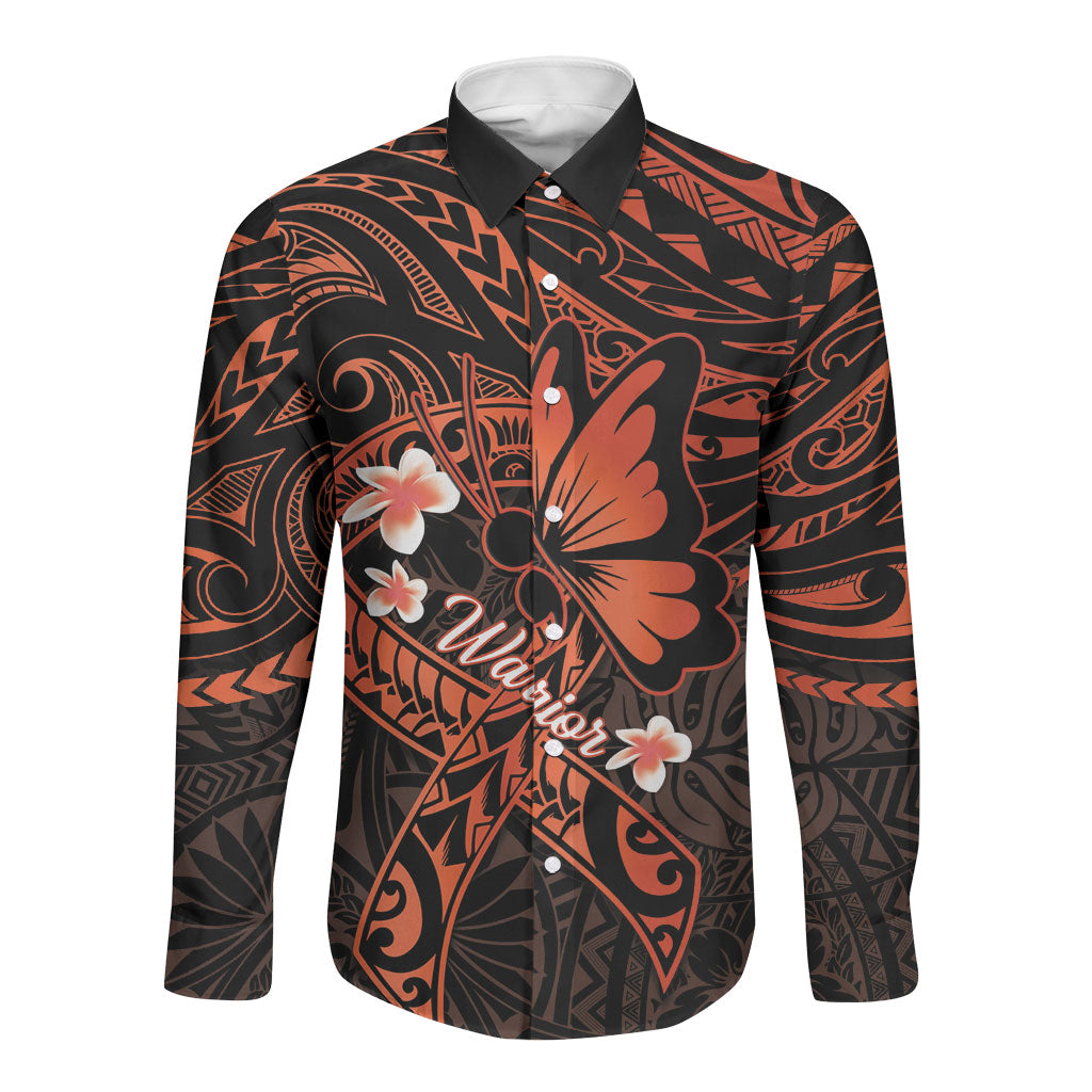 Polynesia Leukemia Awareness Month Long Sleeve Button Shirt Warrior Butterfly Polynesian Orange Ribbon LT14 Unisex Orange - Polynesian Pride
