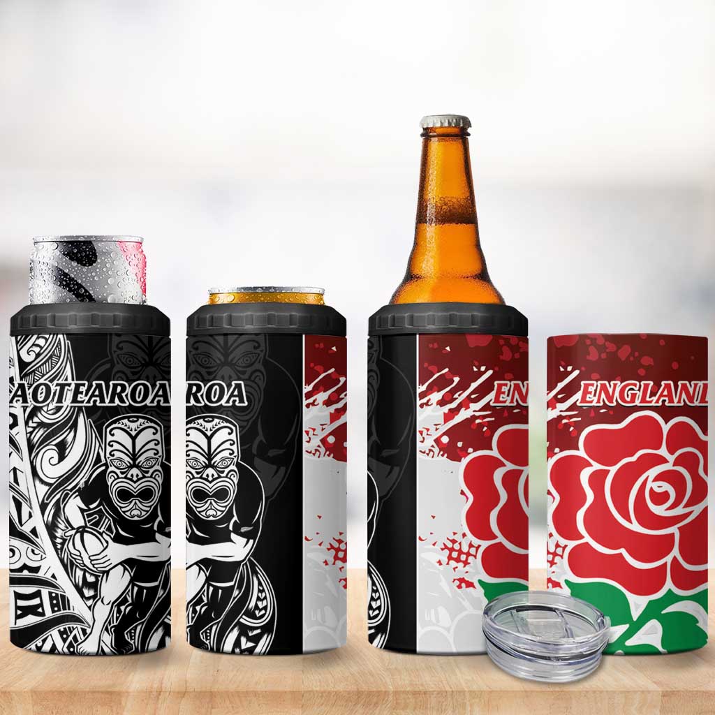 New Zealand And England Rugby 4 in 1 Can Cooler Tumbler World Cup All Black Combine Red Roses LT14 - Polynesian Pride