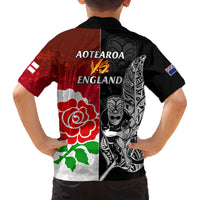 New Zealand And England Rugby Family Matching Off Shoulder Short Dress and Hawaiian Shirt 2023 World Cup All Black Combine Red Roses LT14 - Polynesian Pride