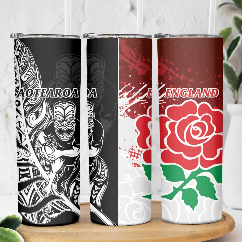 New Zealand And England Rugby Skinny Tumbler World Cup All Black Combine Red Roses LT14 - Polynesian Pride