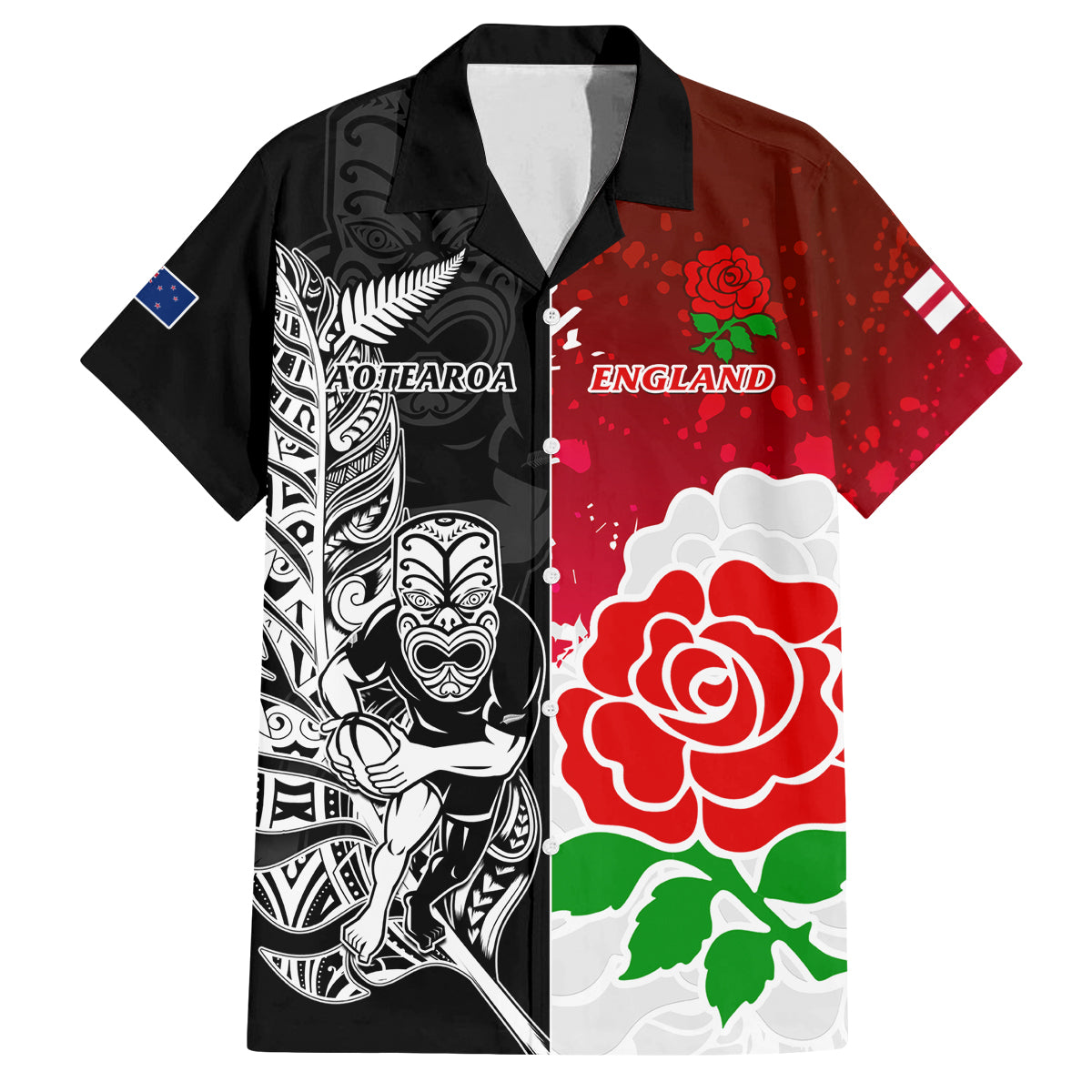 Custom New Zealand And England Rugby Family Matching Puletasi Dress and Hawaiian Shirt 2023 World Cup All Black Combine Red Roses LT14 Dad's Shirt - Short Sleeve Black - Polynesian Pride