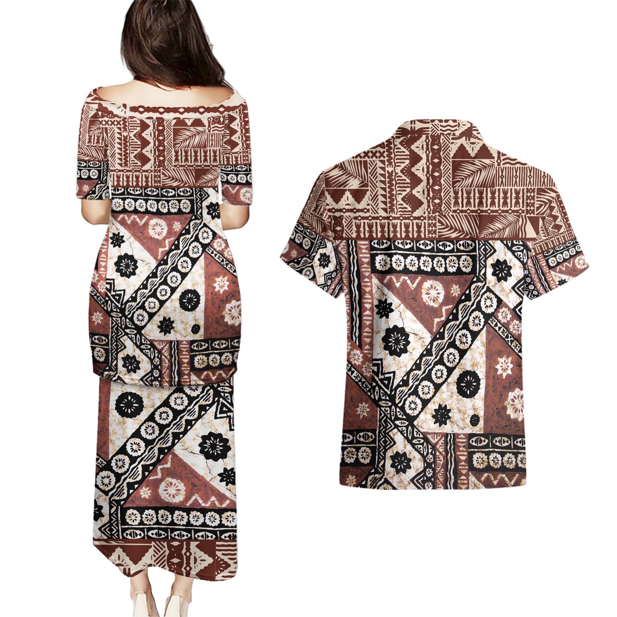 Bula Fiji Couples Matching Puletasi Dress and Hawaiian Shirt Unique Masi Tapa Pattern LT14 - Polynesian Pride
