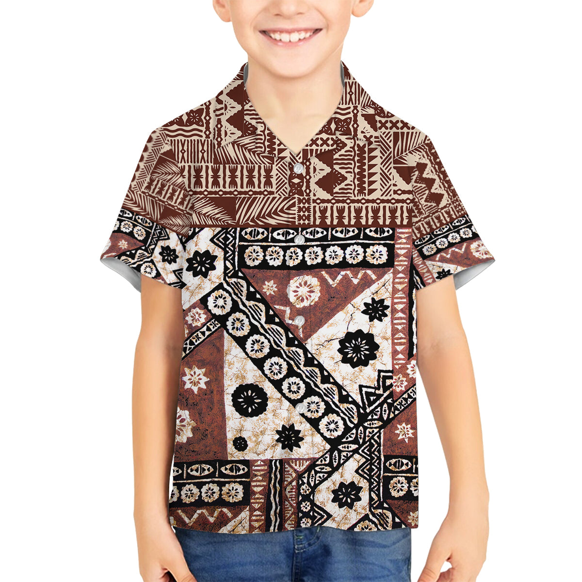 Bula Fiji Family Matching Summer Maxi Dress and Hawaiian Shirt Unique Masi Tapa Pattern LT14 Son's Shirt Brown - Polynesian Pride