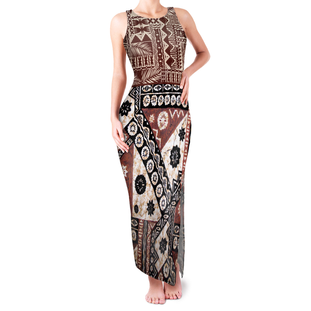 Bula Fiji Family Matching Tank Maxi Dress and Hawaiian Shirt Unique Masi Tapa Pattern LT14 Mom's Dress Brown - Polynesian Pride