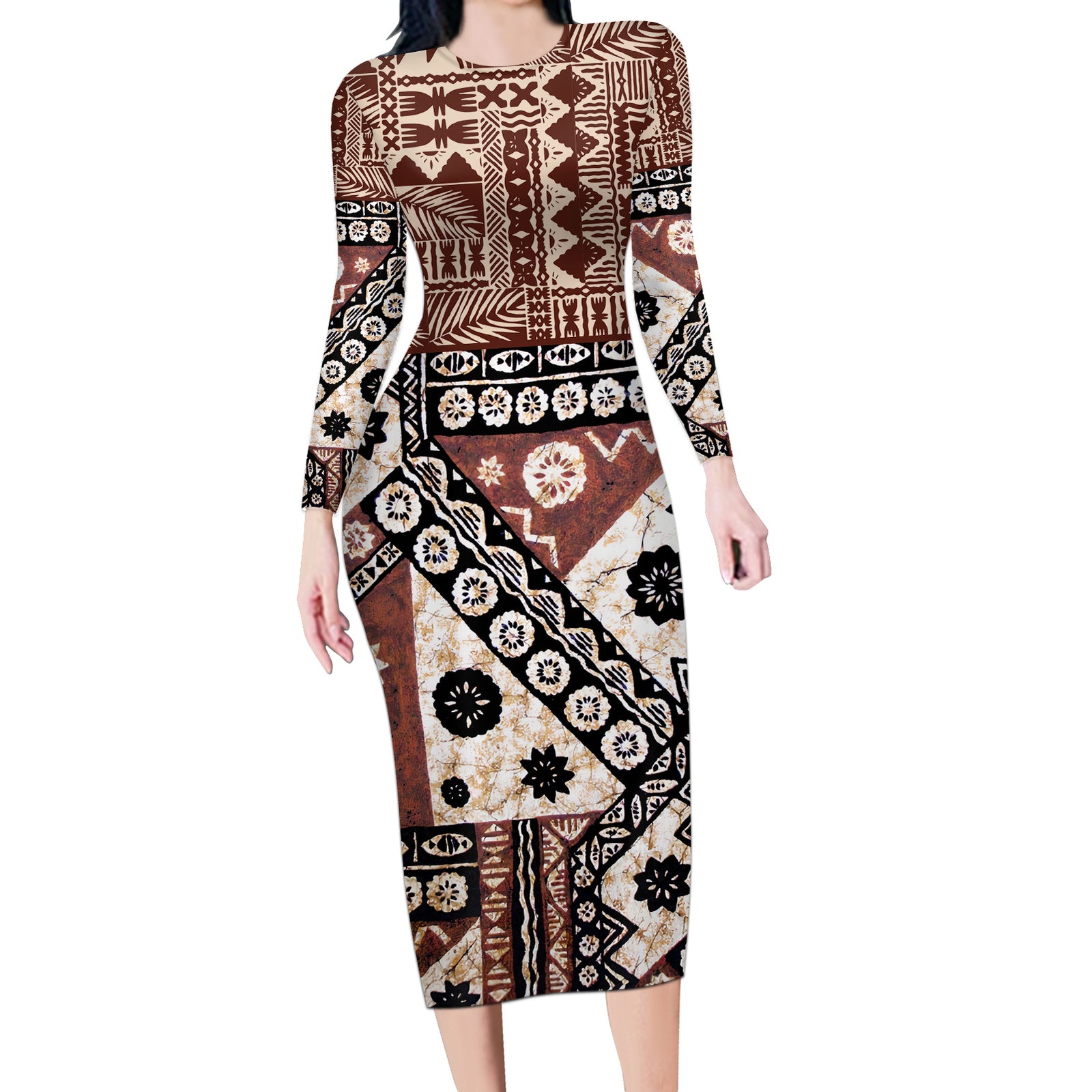 Bula Fiji Long Sleeve Bodycon Dress Unique Masi Tapa Pattern LT14 Long Dress Brown - Polynesian Pride