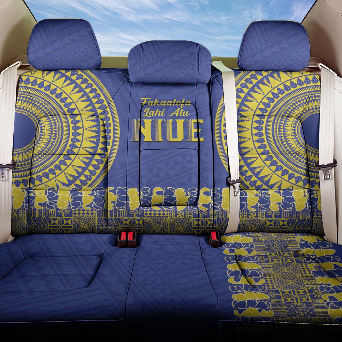 Fakaalofa Lahi Atu Niue Back Car Seat Cover Siapo Pattern With Puakenikeni LT14 One Size Blue - Polynesian Pride
