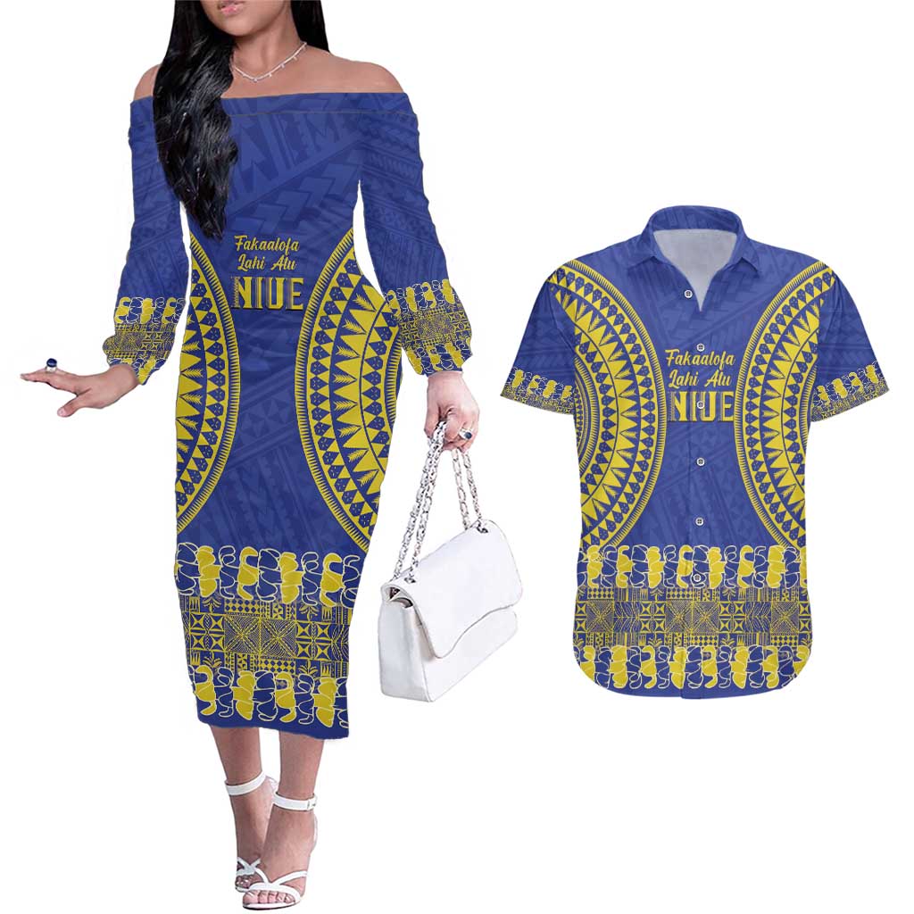 Fakaalofa Lahi Atu Niue Couples Matching Off The Shoulder Long Sleeve Dress and Hawaiian Shirt Siapo Pattern With Puakenikeni LT14 Blue - Polynesian Pride