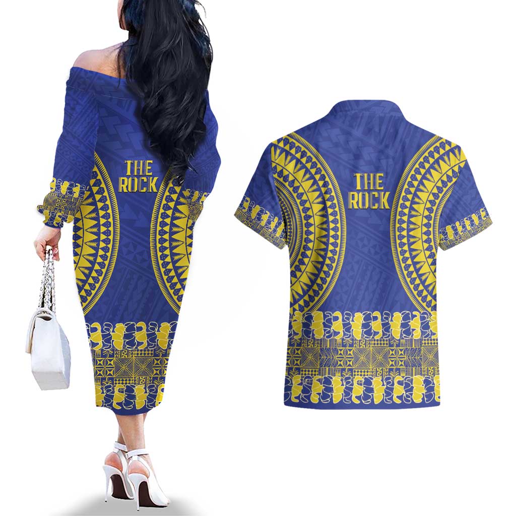 Fakaalofa Lahi Atu Niue Couples Matching Off The Shoulder Long Sleeve Dress and Hawaiian Shirt Siapo Pattern With Puakenikeni LT14 - Polynesian Pride