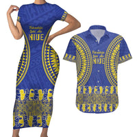 Fakaalofa Lahi Atu Niue Couples Matching Short Sleeve Bodycon Dress and Hawaiian Shirt Siapo Pattern With Puakenikeni LT14 Blue - Polynesian Pride