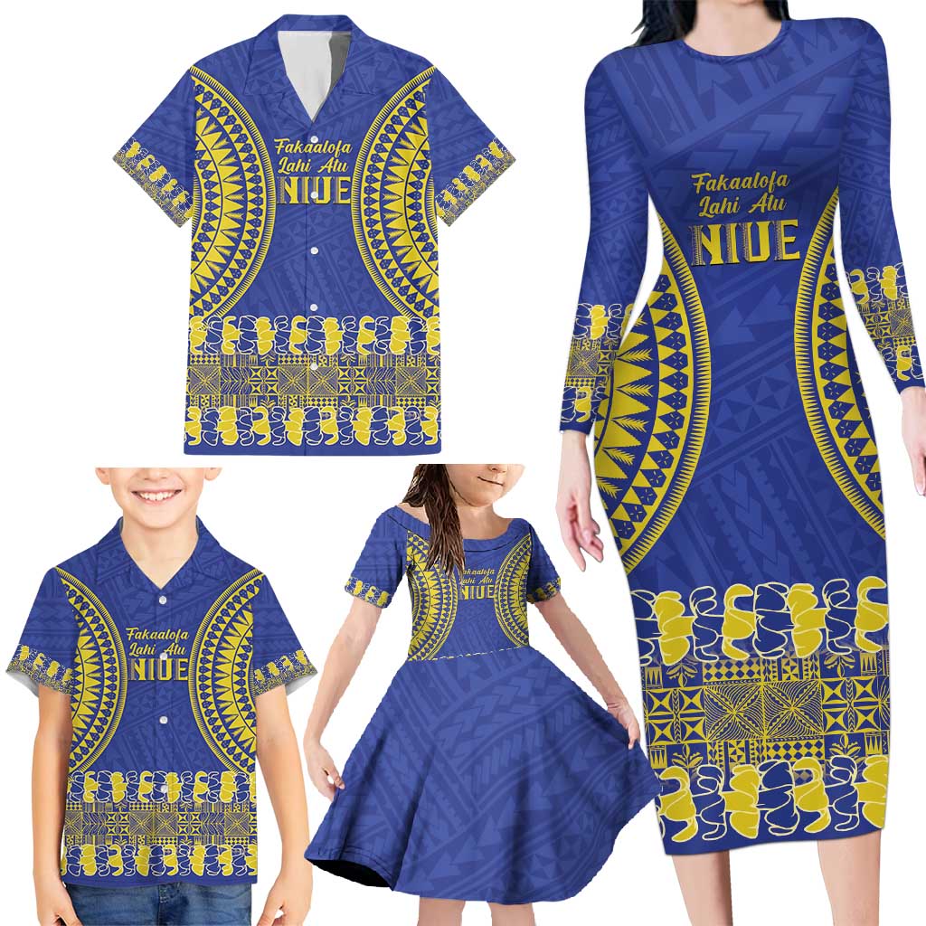 Fakaalofa Lahi Atu Niue Family Matching Long Sleeve Bodycon Dress and Hawaiian Shirt Siapo Pattern With Puakenikeni LT14 - Polynesian Pride