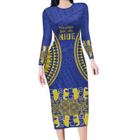 Fakaalofa Lahi Atu Niue Family Matching Long Sleeve Bodycon Dress and Hawaiian Shirt Siapo Pattern With Puakenikeni LT14 Mom's Dress Blue - Polynesian Pride