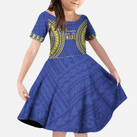 Fakaalofa Lahi Atu Niue Family Matching Mermaid Dress and Hawaiian Shirt Siapo Pattern With Puakenikeni LT14 Daughter's Dress Blue - Polynesian Pride