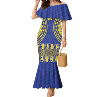 Fakaalofa Lahi Atu Niue Family Matching Mermaid Dress and Hawaiian Shirt Siapo Pattern With Puakenikeni LT14 Mom's Dress Blue - Polynesian Pride