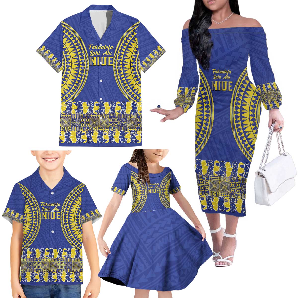 Fakaalofa Lahi Atu Niue Family Matching Off The Shoulder Long Sleeve Dress and Hawaiian Shirt Siapo Pattern With Puakenikeni LT14 - Polynesian Pride