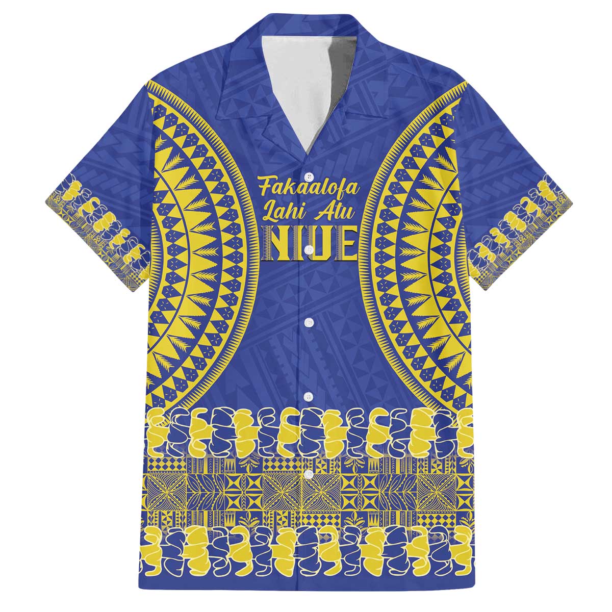 Fakaalofa Lahi Atu Niue Family Matching Off The Shoulder Long Sleeve Dress and Hawaiian Shirt Siapo Pattern With Puakenikeni LT14 Dad's Shirt - Short Sleeve Blue - Polynesian Pride