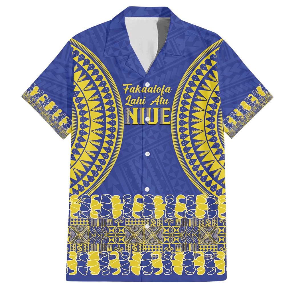 Fakaalofa Lahi Atu Niue Family Matching Off Shoulder Maxi Dress and Hawaiian Shirt Siapo Pattern With Puakenikeni LT14 Dad's Shirt - Short Sleeve Blue - Polynesian Pride