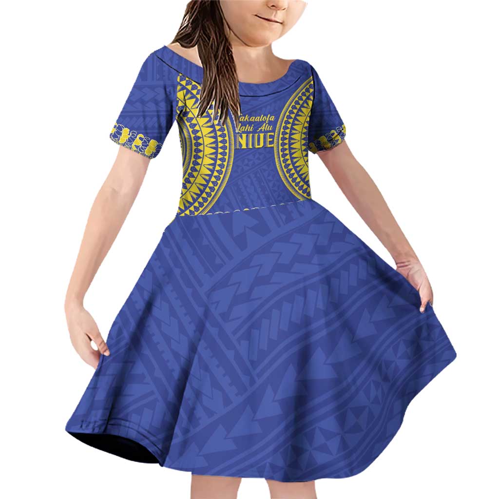 Fakaalofa Lahi Atu Niue Family Matching Off Shoulder Short Dress and Hawaiian Shirt Siapo Pattern With Puakenikeni LT14 Daughter's Dress Blue - Polynesian Pride