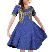 Fakaalofa Lahi Atu Niue Family Matching Off Shoulder Short Dress and Hawaiian Shirt Siapo Pattern With Puakenikeni LT14 Daughter's Dress Blue - Polynesian Pride