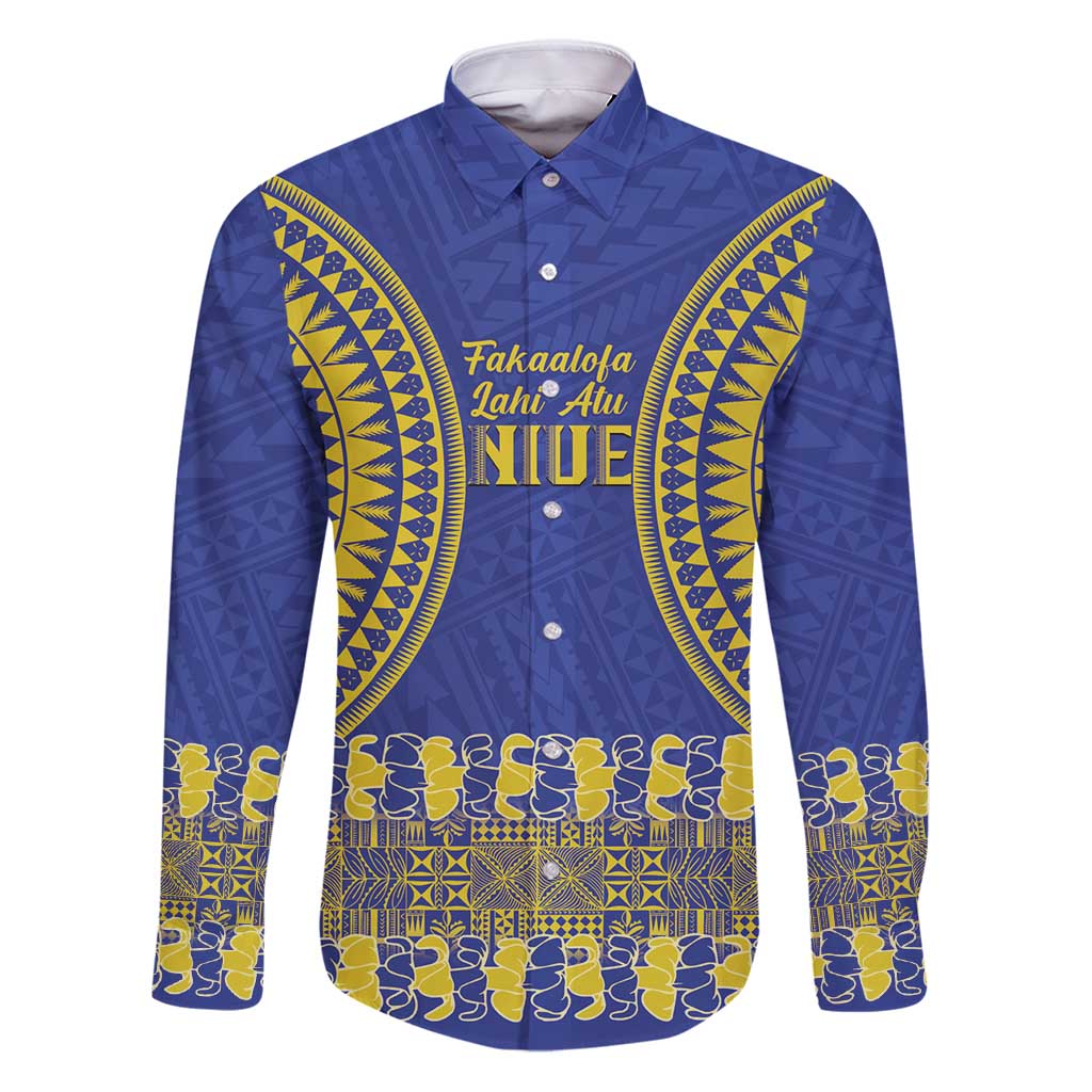 Fakaalofa Lahi Atu Niue Family Matching Puletasi and Hawaiian Shirt Siapo Pattern With Puakenikeni LT14 Dad's Shirt - Long Sleeve Blue - Polynesian Pride