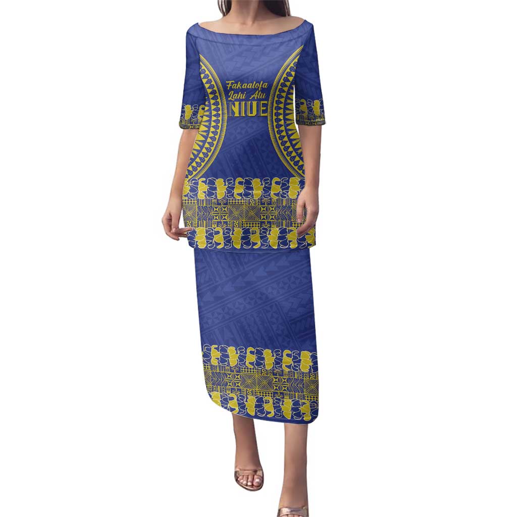 Fakaalofa Lahi Atu Niue Family Matching Puletasi and Hawaiian Shirt Siapo Pattern With Puakenikeni LT14 Mom's Dress Blue - Polynesian Pride