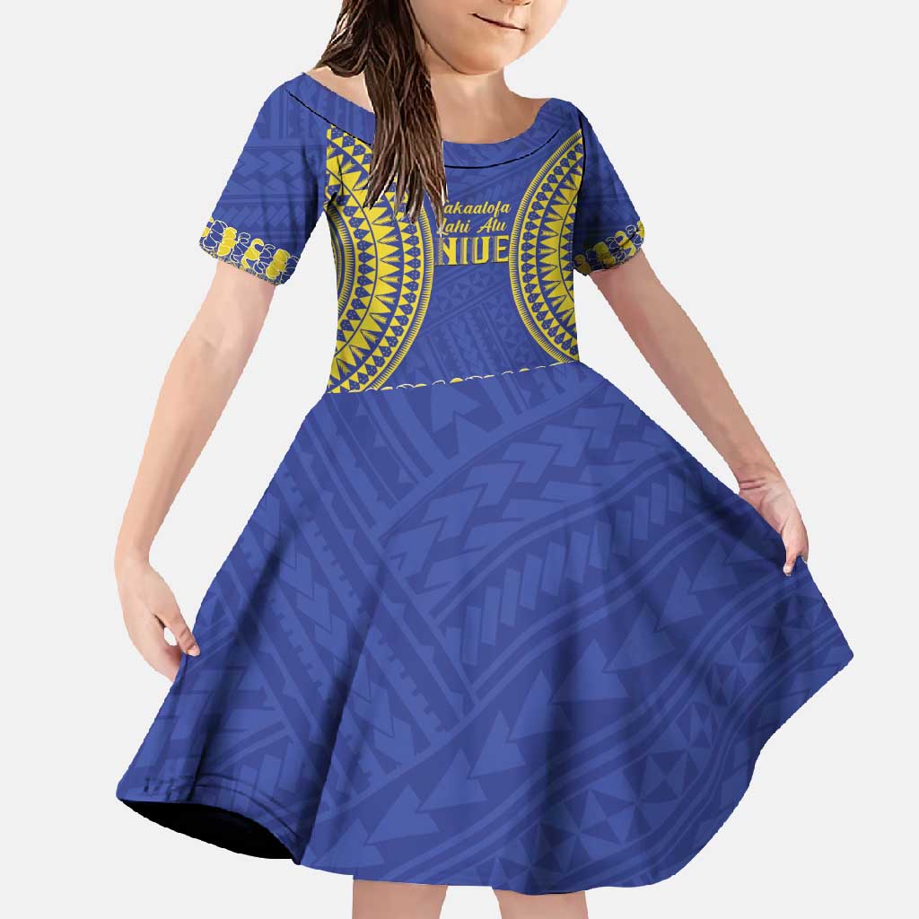 Fakaalofa Lahi Atu Niue Family Matching Short Sleeve Bodycon Dress and Hawaiian Shirt Siapo Pattern With Puakenikeni LT14 Daughter's Dress Blue - Polynesian Pride