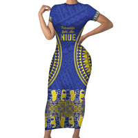 Fakaalofa Lahi Atu Niue Family Matching Short Sleeve Bodycon Dress and Hawaiian Shirt Siapo Pattern With Puakenikeni LT14 Mom's Dress Blue - Polynesian Pride
