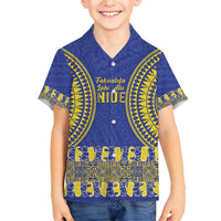 Fakaalofa Lahi Atu Niue Family Matching Tank Maxi Dress and Hawaiian Shirt Siapo Pattern With Puakenikeni LT14 Son's Shirt Blue - Polynesian Pride