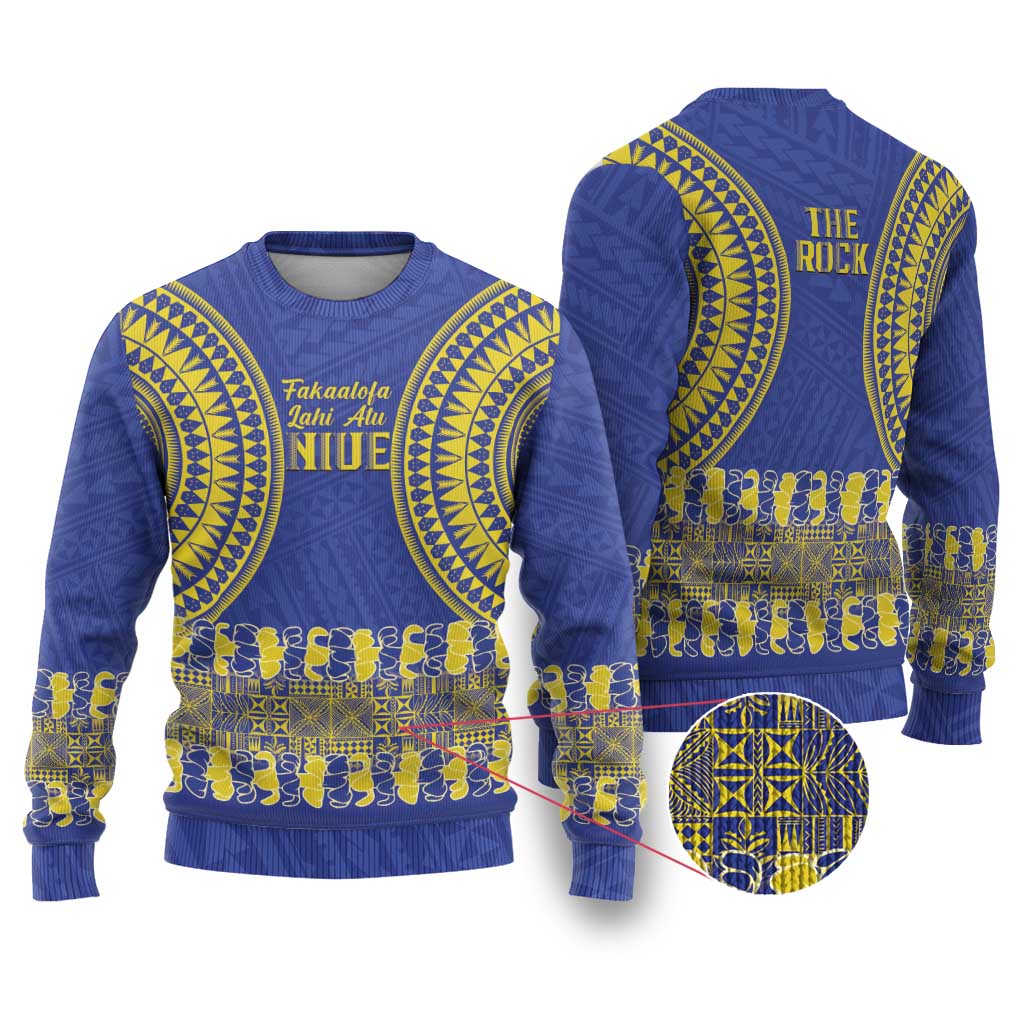 Fakaalofa Lahi Atu Niue Ugly Christmas Sweater Siapo Pattern With Puakenikeni LT14 Blue - Polynesian Pride