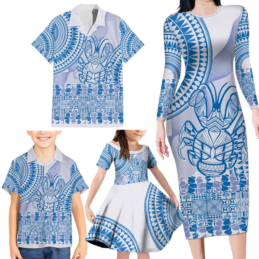 Niue Language Week Family Matching Long Sleeve Bodycon Dress and Hawaiian Shirt The Rock Coconut Crab - Siapo Blue Pastel LT14 - Polynesian Pride