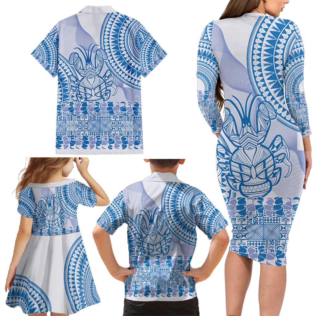 Niue Language Week Family Matching Long Sleeve Bodycon Dress and Hawaiian Shirt The Rock Coconut Crab - Siapo Blue Pastel LT14 - Polynesian Pride