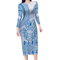 Niue Language Week Family Matching Long Sleeve Bodycon Dress and Hawaiian Shirt The Rock Coconut Crab - Siapo Blue Pastel LT14 Mom's Dress Blue - Polynesian Pride