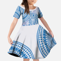 Niue Language Week Family Matching Off The Shoulder Long Sleeve Dress and Hawaiian Shirt The Rock Coconut Crab - Siapo Blue Pastel LT14 Daughter's Dress Blue - Polynesian Pride