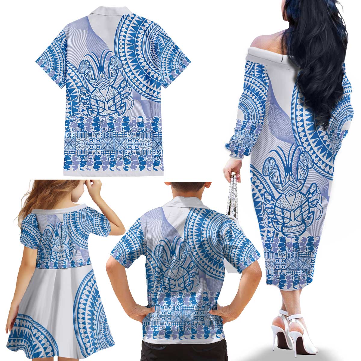 Niue Language Week Family Matching Off The Shoulder Long Sleeve Dress and Hawaiian Shirt The Rock Coconut Crab - Siapo Blue Pastel LT14 - Polynesian Pride
