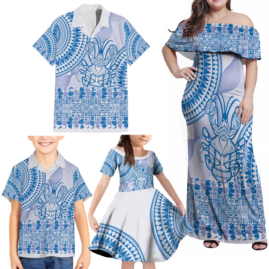 Niue Language Week Family Matching Off Shoulder Maxi Dress and Hawaiian Shirt The Rock Coconut Crab - Siapo Blue Pastel LT14 - Polynesian Pride