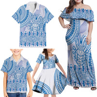 Niue Language Week Family Matching Off Shoulder Maxi Dress and Hawaiian Shirt The Rock Coconut Crab - Siapo Blue Pastel LT14 - Polynesian Pride