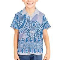 Niue Language Week Family Matching Off Shoulder Maxi Dress and Hawaiian Shirt The Rock Coconut Crab - Siapo Blue Pastel LT14 Son's Shirt Blue - Polynesian Pride