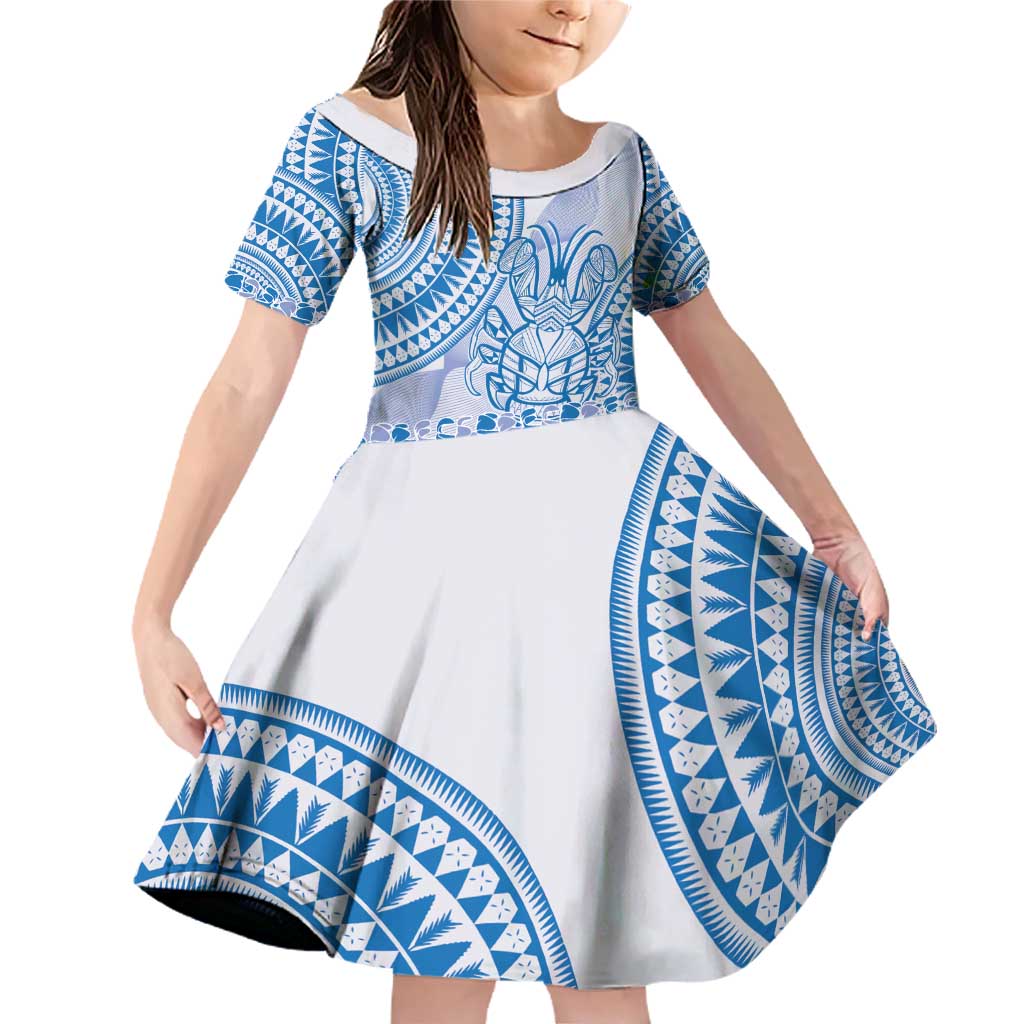 Niue Language Week Family Matching Off Shoulder Short Dress and Hawaiian Shirt The Rock Coconut Crab - Siapo Blue Pastel LT14 Daughter's Dress Blue - Polynesian Pride