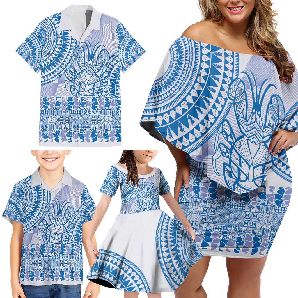 Niue Language Week Family Matching Off Shoulder Short Dress and Hawaiian Shirt The Rock Coconut Crab - Siapo Blue Pastel LT14 - Polynesian Pride