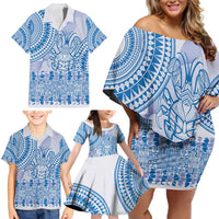 Niue Language Week Family Matching Off Shoulder Short Dress and Hawaiian Shirt The Rock Coconut Crab - Siapo Blue Pastel LT14 - Polynesian Pride