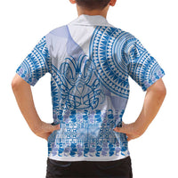 Niue Language Week Family Matching Short Sleeve Bodycon Dress and Hawaiian Shirt The Rock Coconut Crab - Siapo Blue Pastel LT14 - Polynesian Pride