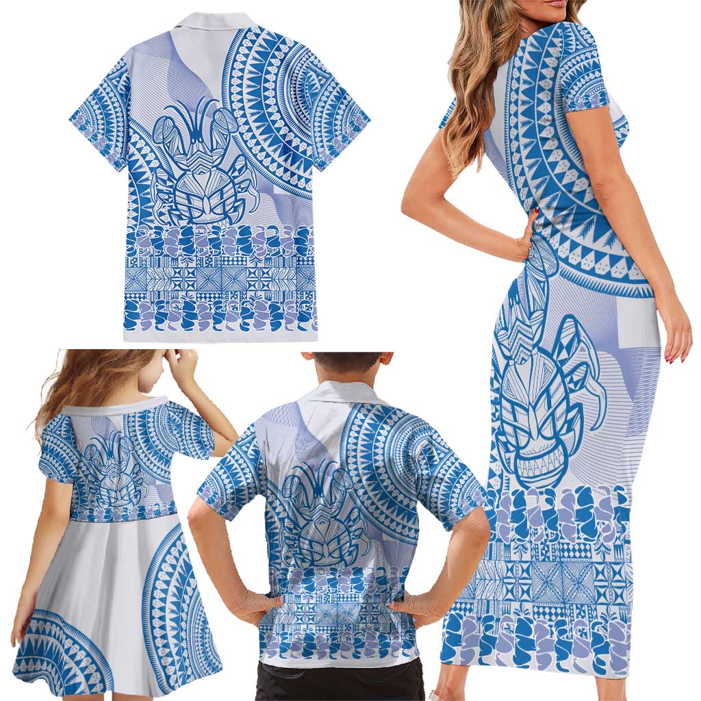 Niue Language Week Family Matching Short Sleeve Bodycon Dress and Hawaiian Shirt The Rock Coconut Crab - Siapo Blue Pastel LT14 - Polynesian Pride