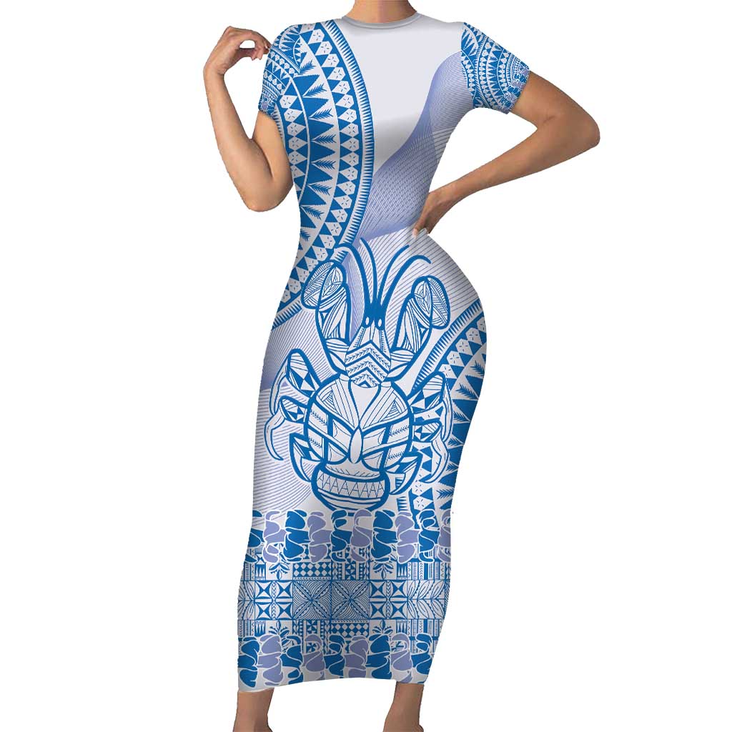 Niue Language Week Family Matching Short Sleeve Bodycon Dress and Hawaiian Shirt The Rock Coconut Crab - Siapo Blue Pastel LT14 Mom's Dress Blue - Polynesian Pride