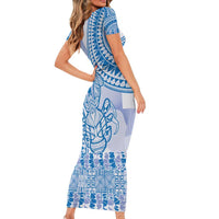 Niue Language Week Family Matching Short Sleeve Bodycon Dress and Hawaiian Shirt The Rock Coconut Crab - Siapo Blue Pastel LT14 - Polynesian Pride